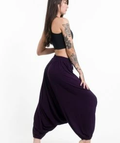 HaremPants.com Sun Moon Print Drawstring Low Cut Harem Pants Cotton Spandex In Purple Women's