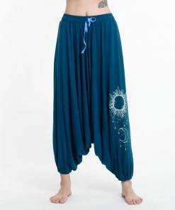 HaremPants.com Women's Sun Moon Print Drawstring Low Cut Harem Pants Cotton Spandex In Turquoise