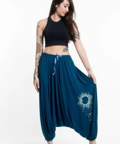 HaremPants.com Women's Sun Moon Print Drawstring Low Cut Harem Pants Cotton Spandex In Turquoise