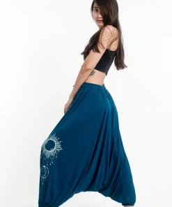 HaremPants.com Women's Sun Moon Print Drawstring Low Cut Harem Pants Cotton Spandex In Turquoise