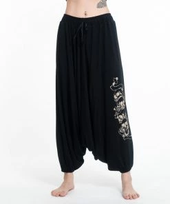 HaremPants.com Skulls Print Drawstring Low Cut Harem Pants Cotton Spandex In Black Women's