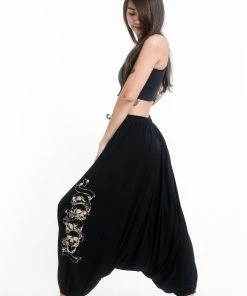 HaremPants.com Skulls Print Drawstring Low Cut Harem Pants Cotton Spandex In Black Women's