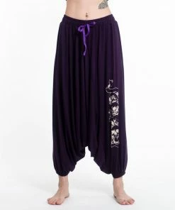 HaremPants.com Skulls Print Drawstring Low Cut Harem Pants Cotton Spandex In Purple