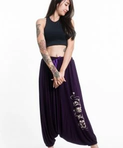 HaremPants.com Skulls Print Drawstring Low Cut Harem Pants Cotton Spandex In Purple