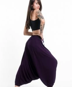 HaremPants.com Skulls Print Drawstring Low Cut Harem Pants Cotton Spandex In Purple