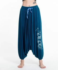 HaremPants.com Skulls Print Drawstring Low Cut Harem Pants Cotton Spandex In Turquoise Women's