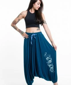 HaremPants.com Skulls Print Drawstring Low Cut Harem Pants Cotton Spandex In Turquoise Women's