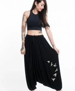 HaremPants.com Women's Birds Print Drawstring Low Cut Harem Pants Cotton Spandex In Black