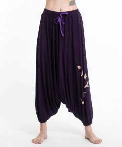 HaremPants.com Birds Print Drawstring Low Cut Harem Pants Cotton Spandex In Purple