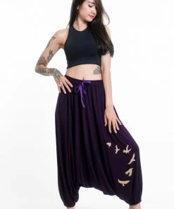 HaremPants.com Birds Print Drawstring Low Cut Harem Pants Cotton Spandex In Purple