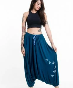 HaremPants.com Birds Print Drawstring Low Cut Harem Pants Cotton Spandex In Turquoise Women's