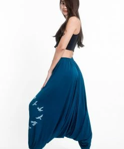 HaremPants.com Birds Print Drawstring Low Cut Harem Pants Cotton Spandex In Turquoise Women's