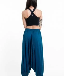 HaremPants.com Birds Print Drawstring Low Cut Harem Pants Cotton Spandex In Turquoise Women's