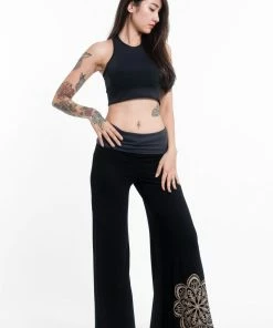 HaremPants.com Mandala Print Wide Leg Palazzo Harem Pants Cotton Spandex In Black Women's