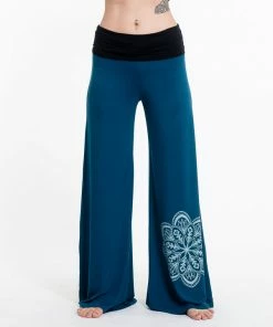 HaremPants.com Mandala Print Wide Leg Palazzo Harem Pants Cotton Spandex In Turquoise Women's