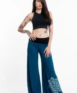HaremPants.com Mandala Print Wide Leg Palazzo Harem Pants Cotton Spandex In Turquoise Women's