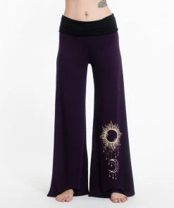 HaremPants.com Sun Moon Print Wide Leg Palazzo Harem Pants Cotton Spandex In Purple