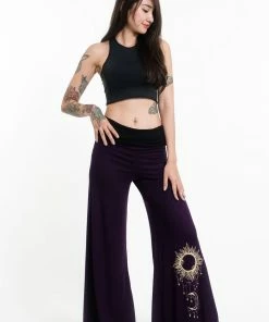 HaremPants.com Sun Moon Print Wide Leg Palazzo Harem Pants Cotton Spandex In Purple