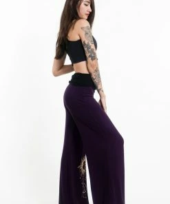 HaremPants.com Sun Moon Print Wide Leg Palazzo Harem Pants Cotton Spandex In Purple