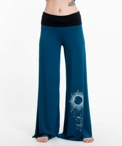 HaremPants.com Sun Moon Print Wide Leg Palazzo Harem Pants Cotton Spandex In Turquoise Women's