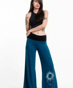 HaremPants.com Sun Moon Print Wide Leg Palazzo Harem Pants Cotton Spandex In Turquoise Women's