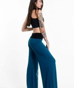 HaremPants.com Sun Moon Print Wide Leg Palazzo Harem Pants Cotton Spandex In Turquoise Women's