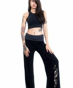 HaremPants.com Skulls Print Wide Leg Palazzo Harem Pants Cotton Spandex In Black