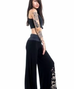 HaremPants.com Skulls Print Wide Leg Palazzo Harem Pants Cotton Spandex In Black