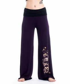 HaremPants.com Skulls Print Wide Leg Palazzo Harem Pants Cotton Spandex In Purple