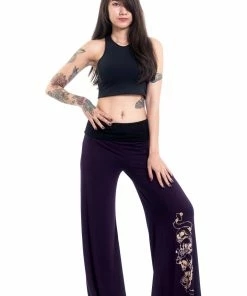 HaremPants.com Skulls Print Wide Leg Palazzo Harem Pants Cotton Spandex In Purple