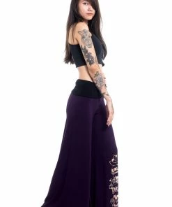 HaremPants.com Skulls Print Wide Leg Palazzo Harem Pants Cotton Spandex In Purple