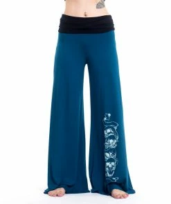 HaremPants.com Skulls Print Wide Leg Palazzo Harem Pants Cotton Spandex In Turquoise