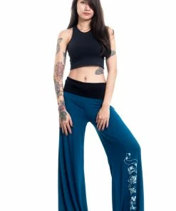 HaremPants.com Skulls Print Wide Leg Palazzo Harem Pants Cotton Spandex In Turquoise