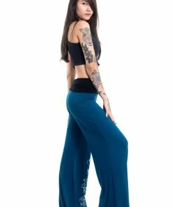 HaremPants.com Skulls Print Wide Leg Palazzo Harem Pants Cotton Spandex In Turquoise