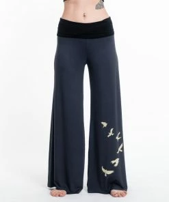 HaremPants.com Birds Print Wide Leg Palazzo Harem Pants Cotton Spandex In Gray