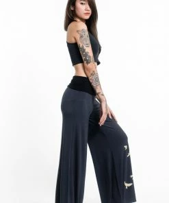 HaremPants.com Birds Print Wide Leg Palazzo Harem Pants Cotton Spandex In Gray