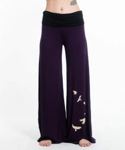 HaremPants.com Birds Print Wide Leg Palazzo Harem Pants Cotton Spandex In Purple