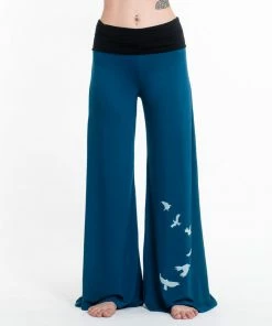HaremPants.com Birds Print Wide Leg Palazzo Harem Pants Cotton Spandex In Turquoise