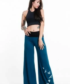 HaremPants.com Birds Print Wide Leg Palazzo Harem Pants Cotton Spandex In Turquoise