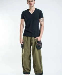 HaremPants.com Thai Cotton Men Drawstring Pants With Hill Tribe Trim Olive