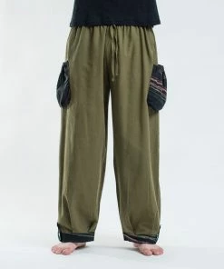 HaremPants.com Thai Cotton Men Drawstring Pants With Hill Tribe Trim Olive