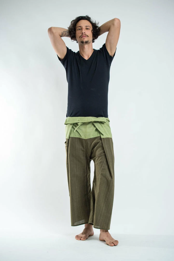 HaremPants.com Men's Unisex 2-Tone Pinstripes Thai Fisherman Pants In Green 3 HaremPants.com Men's Unisex 2-Tone Pinstripes Thai Fisherman Pants In Green