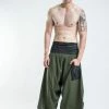 HaremPants.com Men's Thai Button Up Cotton Pants With Hill Tribe Trim Olive
