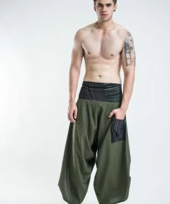 HaremPants.com Men's Thai Button Up Cotton Pants With Hill Tribe Trim Olive