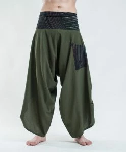 HaremPants.com Men's Thai Button Up Cotton Pants With Hill Tribe Trim Olive