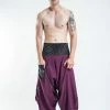 HaremPants.com Men's Thai Button Up Cotton Pants With Hill Tribe Trim Purple