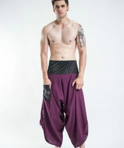 HaremPants.com Men's Thai Button Up Cotton Pants With Hill Tribe Trim Purple