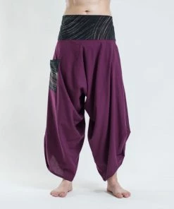 HaremPants.com Men's Thai Button Up Cotton Pants With Hill Tribe Trim Purple