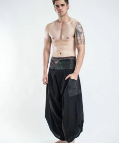 HaremPants.com Men's Thai Button Up Cotton Pants With Hill Tribe Trim Black