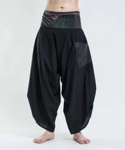 HaremPants.com Men's Thai Button Up Cotton Pants With Hill Tribe Trim Black